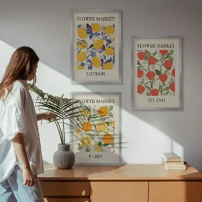 Gerahmtes Bilderset mit Blumenmotiven in Städten