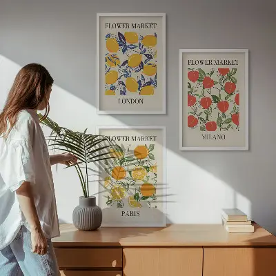 Gerahmtes Bilderset mit Blumenmotiven in Städten