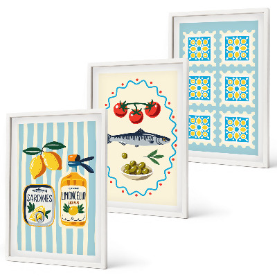 Bilder-3er-set mit rahmen Illustrationen von Küchen im mediterranen Stil