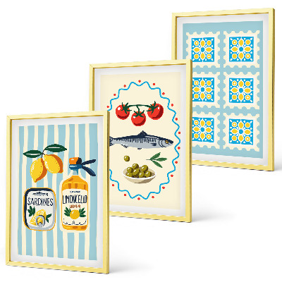 Bilder-3er-set mit rahmen Illustrationen von Küchen im mediterranen Stil