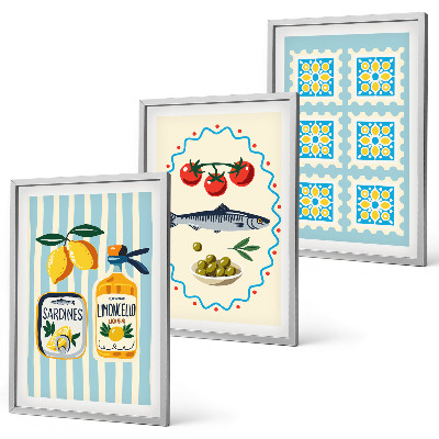 Bilder-3er-set mit rahmen Illustrationen von Küchen im mediterranen Stil