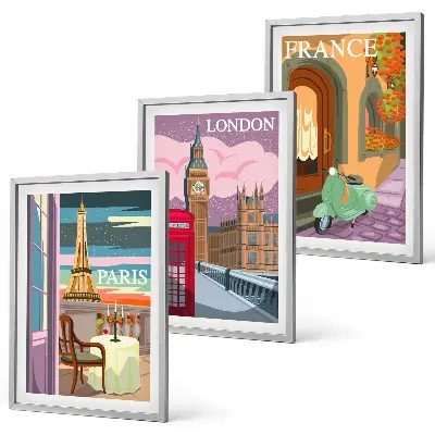 Gerahmtes Bilderset mit Ansichten von Paris und London im Retro-Stil