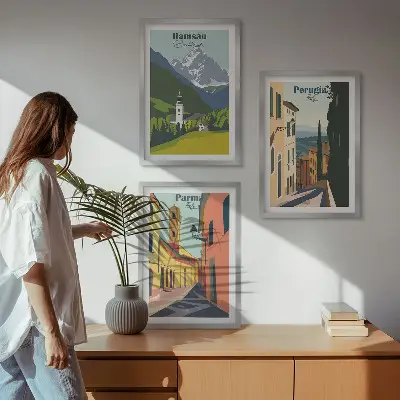 Gerahmtes Bilderset mit Berglandschaften und italienischen Motiven