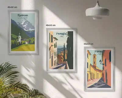 Gerahmtes Bilderset mit Berglandschaften und italienischen Motiven
