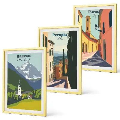 Gerahmtes Bilderset mit Berglandschaften und italienischen Motiven