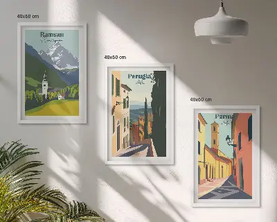 Gerahmtes Bilderset mit Berglandschaften und italienischen Motiven