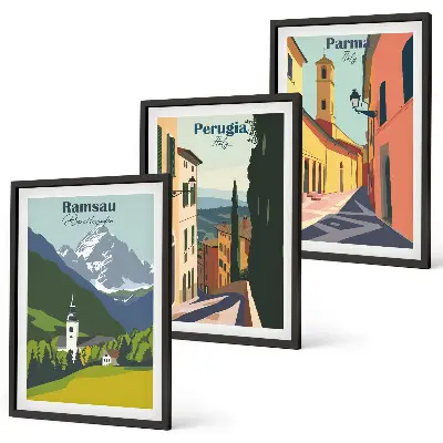 Gerahmtes Bilderset mit Berglandschaften und italienischen Motiven