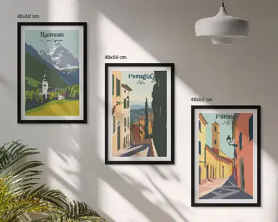 Gerahmtes Bilderset mit Berglandschaften und italienischen Motiven