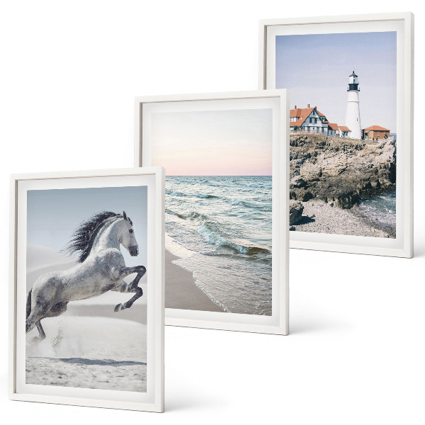 Gerahmtes bilderset Pferde, Strand, Leuchtturm, Wellen
