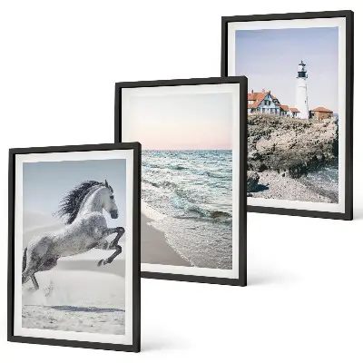 Gerahmtes Bilderset mit Motiven von Pferden, Strand, Leuchtturm und Wellen