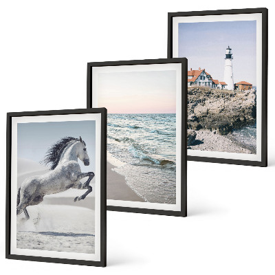 Gerahmtes bilderset Pferde, Strand, Leuchtturm, Wellen