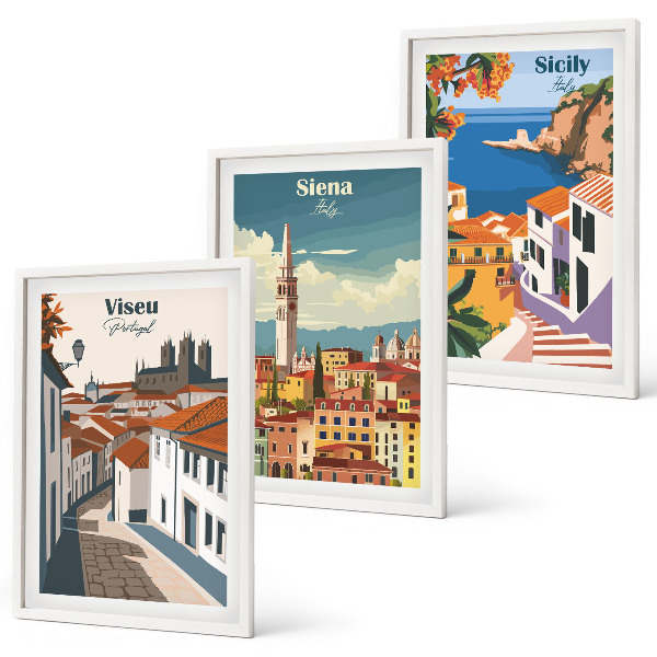 Gerahmtes bilderset Retro-Illustrationen von Weltstädten