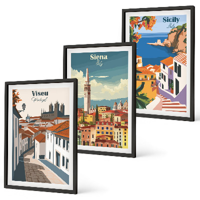 Gerahmtes bilderset Retro-Illustrationen von Weltstädten