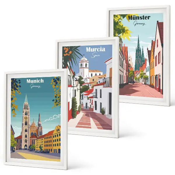 Europäische Städte in farbigen Zeichnungen 3er-Set Wandbilder inklusive Rahmen
