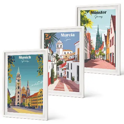 Europäische Städte in farbigen Zeichnungen 3er-Set Wandbilder inklusive Rahmen
