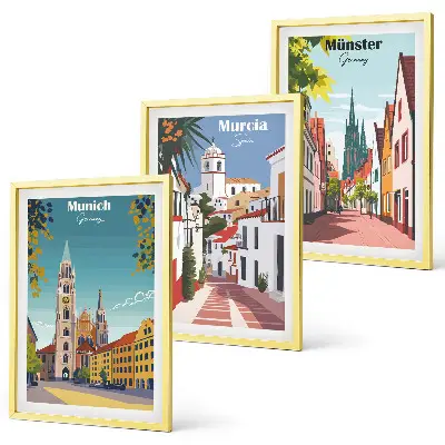 Europäische Städte in farbigen Zeichnungen 3er-Set Wandbilder inklusive Rahmen
