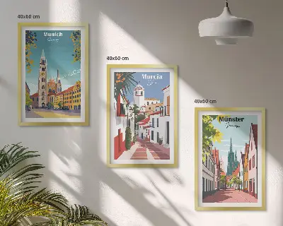 Europäische Städte in farbigen Zeichnungen 3er-Set Wandbilder inklusive Rahmen