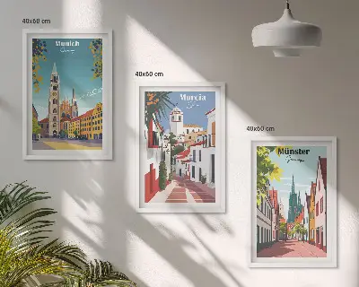 Europäische Städte in farbigen Zeichnungen 3er-Set Wandbilder inklusive Rahmen