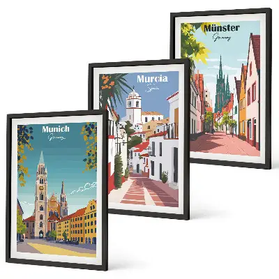 Europäische Städte in farbigen Zeichnungen 3er-Set Wandbilder inklusive Rahmen
