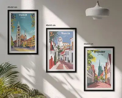 Europäische Städte in farbigen Zeichnungen 3er-Set Wandbilder inklusive Rahmen