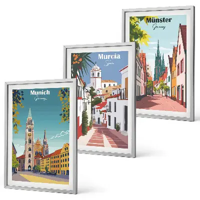 Europäische Städte in farbigen Zeichnungen 3er-Set Wandbilder inklusive Rahmen