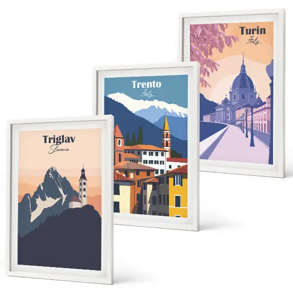 Retro-Illustrationen zur Bergarchitektur 3er-Set Bilder mit Rahmen