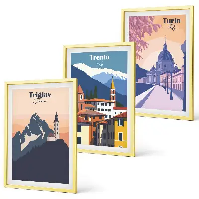 Retro-Illustrationen zur Bergarchitektur 3er-Set Bilder mit Rahmen
