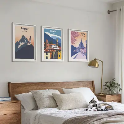 Retro-Illustrationen zur Bergarchitektur 3er-Set Bilder mit Rahmen