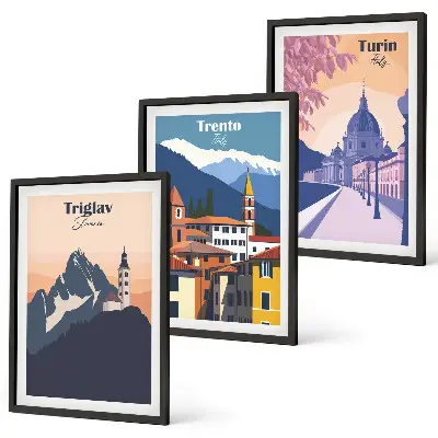 Retro-Illustrationen zur Bergarchitektur 3er-Set Bilder mit Rahmen