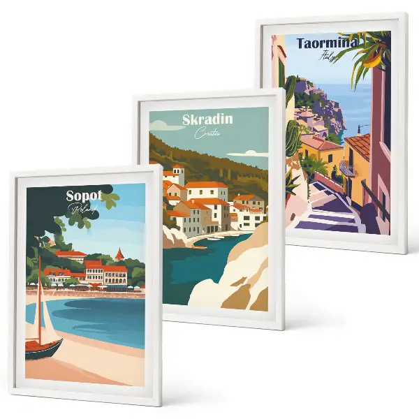 3er-Set Illustrationen von Küstenstädten mit passendem Bilderrahmen