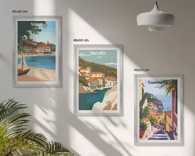 3er-Set Illustrationen von Küstenstädten mit passendem Bilderrahmen