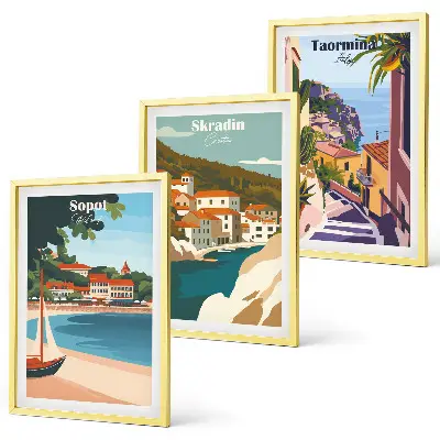 3er-Set Illustrationen von Küstenstädten mit passendem Bilderrahmen
