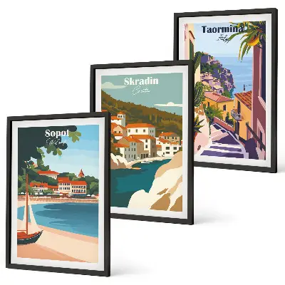 3er-Set Illustrationen von Küstenstädten mit passendem Bilderrahmen