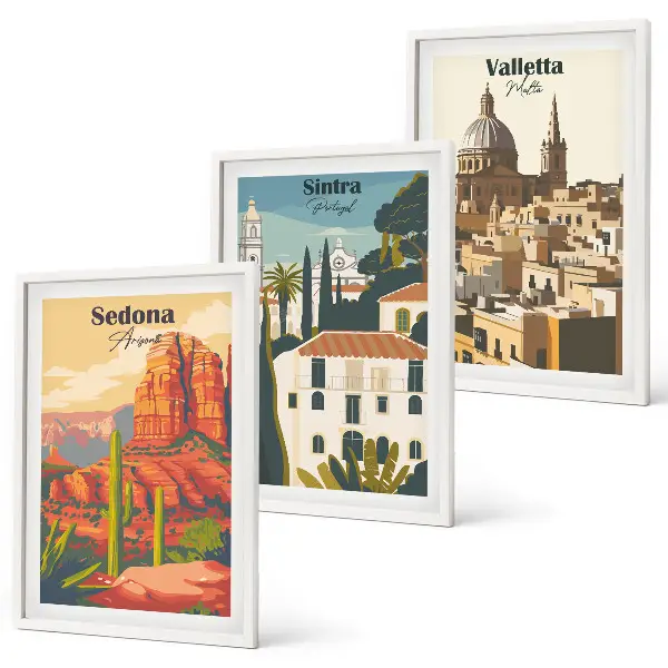 Gerahmtes Bilderset mit Motiven von Ansichten aus Sedona Sintra und Valletta im Retro-Stil