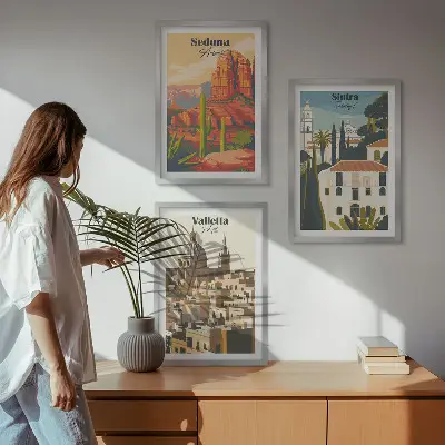 Gerahmtes Bilderset mit Motiven von Ansichten aus Sedona Sintra und Valletta im Retro-Stil
