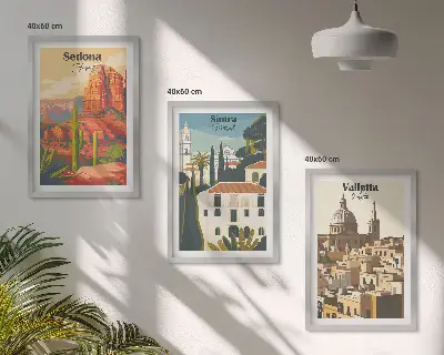 Gerahmtes Bilderset mit Motiven von Ansichten aus Sedona Sintra und Valletta im Retro-Stil