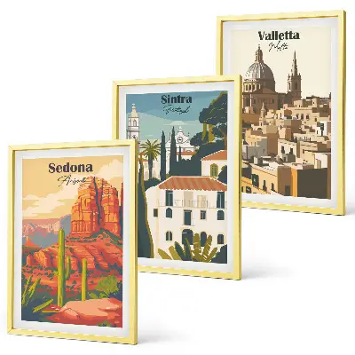 Gerahmtes Bilderset mit Motiven von Ansichten aus Sedona Sintra und Valletta im Retro-Stil
