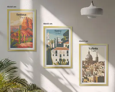 Gerahmtes Bilderset mit Motiven von Ansichten aus Sedona Sintra und Valletta im Retro-Stil