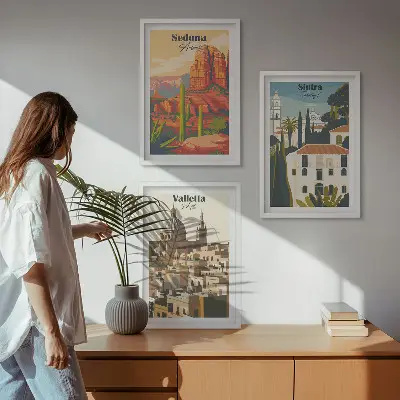Gerahmtes Bilderset mit Motiven von Ansichten aus Sedona Sintra und Valletta im Retro-Stil