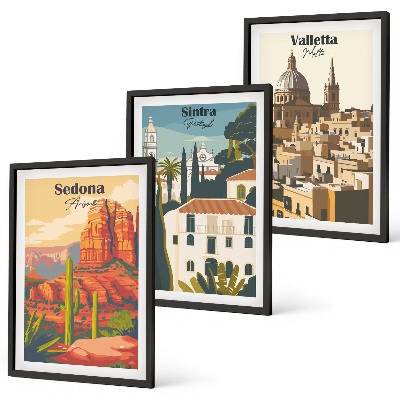Gerahmtes bilderset Ansichten Sedona Sintra Valletta Retro