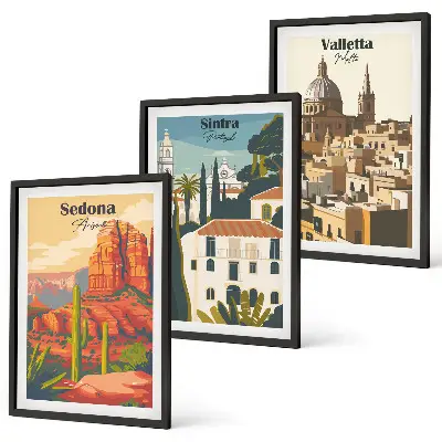 Gerahmtes Bilderset mit Motiven von Ansichten aus Sedona Sintra und Valletta im Retro-Stil