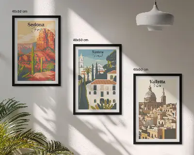 Gerahmtes Bilderset mit Motiven von Ansichten aus Sedona Sintra und Valletta im Retro-Stil