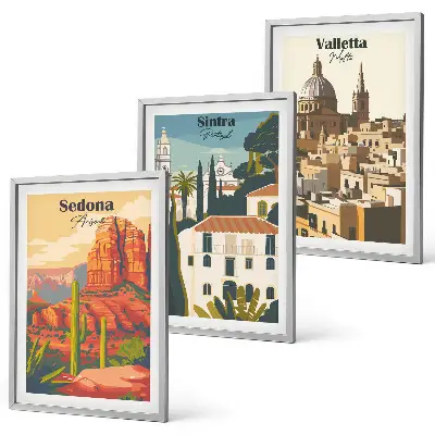 Gerahmtes Bilderset mit Motiven von Ansichten aus Sedona Sintra und Valletta im Retro-Stil