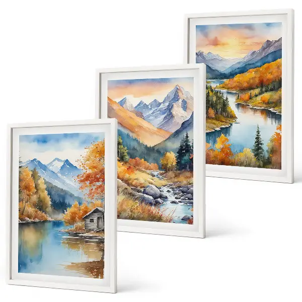 Berglandschaft Fluss Herbst Bilder 3er-Set mit passenden Rahmen