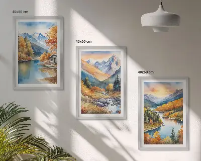Berglandschaft Fluss Herbst Bilder 3er-Set mit passenden Rahmen