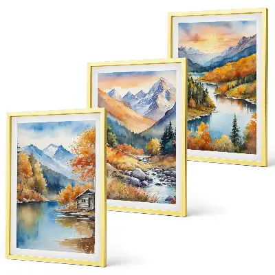 Berglandschaft Fluss Herbst Bilder 3er-Set mit passenden Rahmen