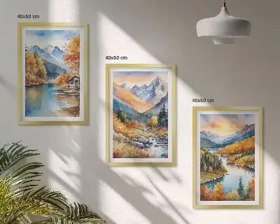Berglandschaft Fluss Herbst Bilder 3er-Set mit passenden Rahmen
