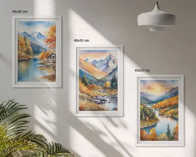 Berglandschaft Fluss Herbst Bilder 3er-Set mit passenden Rahmen