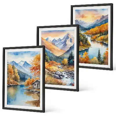 Berglandschaft Fluss Herbst Bilder 3er-Set mit passenden Rahmen