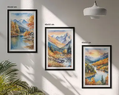 Berglandschaft Fluss Herbst Bilder 3er-Set mit passenden Rahmen